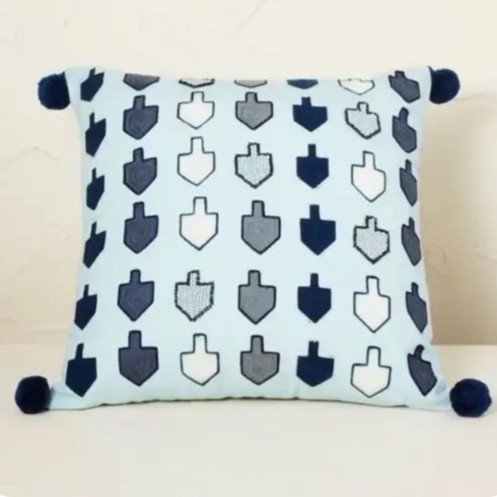Opalhouse Jungalow Hanukkah Dreidel Toss Pillow 18” Square Blue Pom Poms New